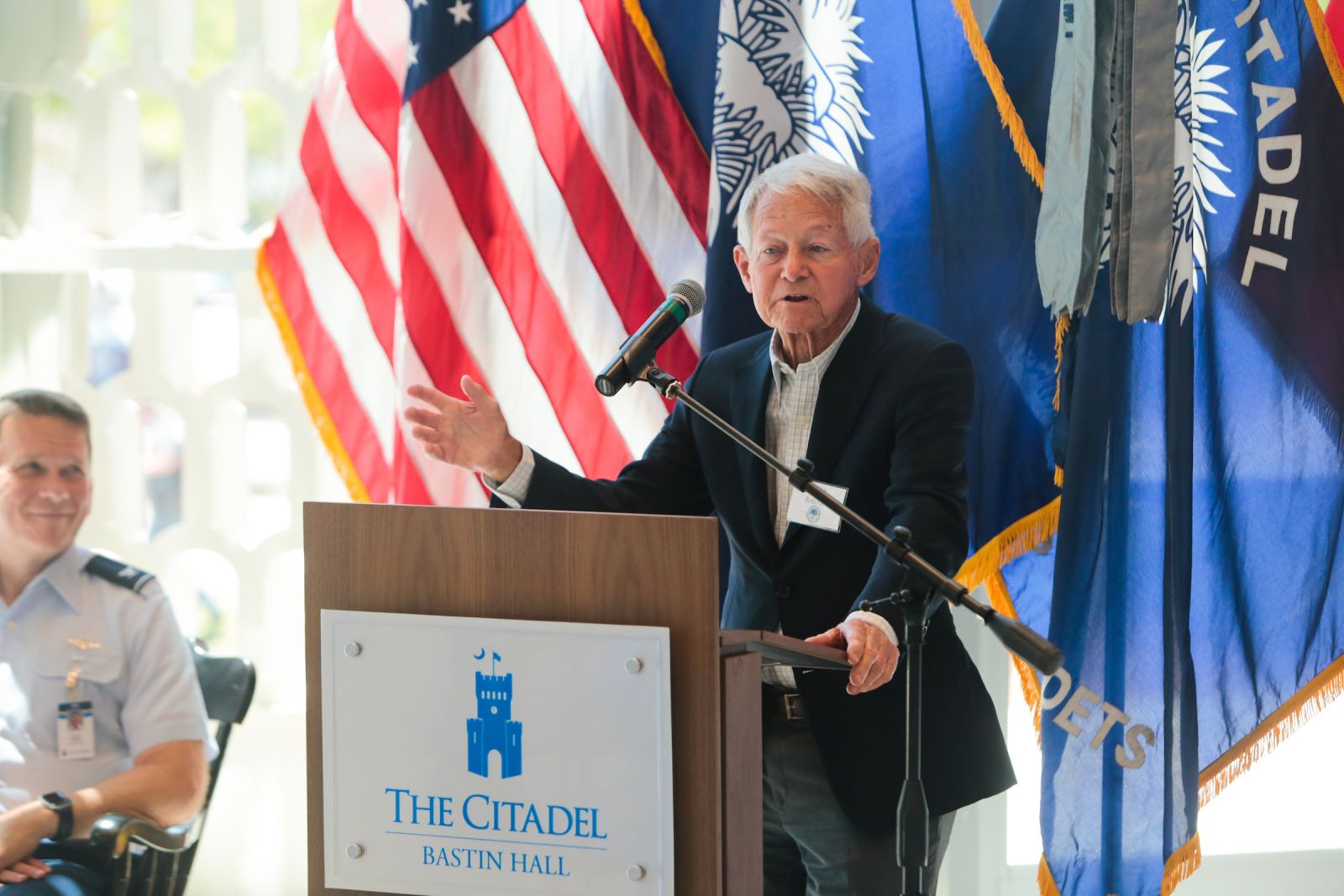 Rick Bastin, class of 1965, speaks at the ribbon-cutting ceremony for The Citadel's newest academic building Bastin Hall. (Photo/Provided)