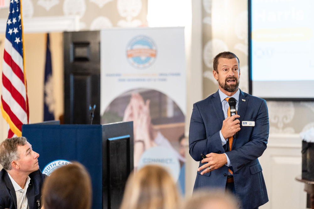 Mike Harris, vice president of BlueCross BlueShield of South Carolina Major Group Sales, addresses attendees of the South Carolina Healthy Business Challenge Midlands Region launch event. (Photo/B. Knox Photography)