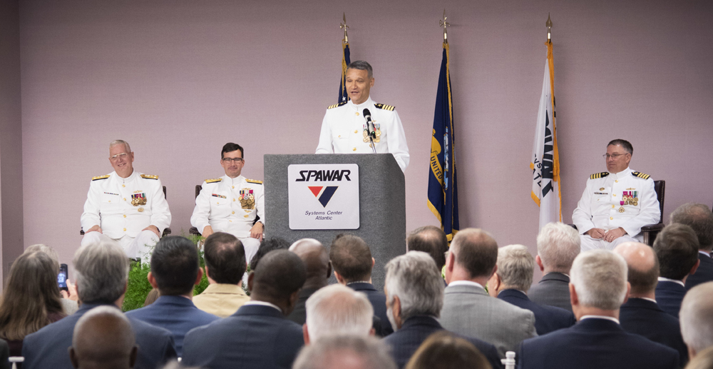 Capt. Wesley Sanders speaks during the change of command ceremony at Space and Naval Warfare Systems Center Atlantic. Sanders relieved Capt. Scott Heller as commanding officer of SPAWAR Atlantic. (Photo/Joe Bullinger for the Navy)