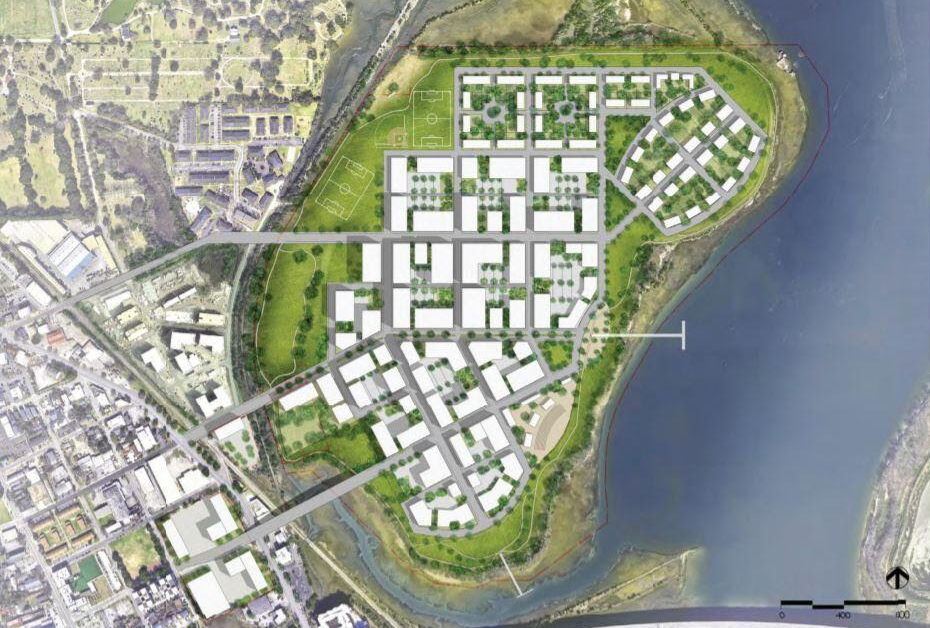 This rendering shows site plans for Laurel Island, a mixed-use development, on a long stretch of Charleston area waterfront. (Rendering/Eddie Bello, Bello Garris Architects)
