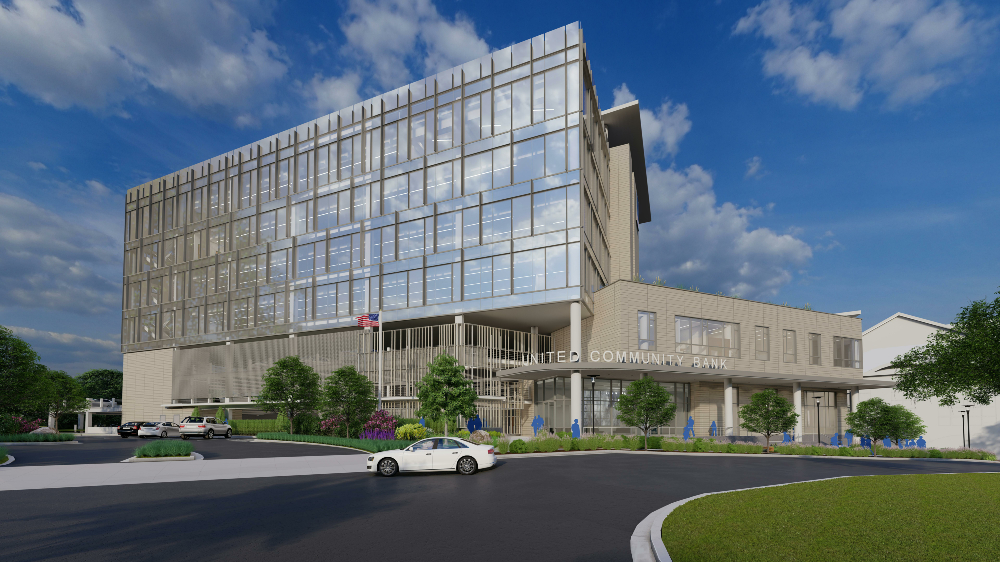 United Community Bank relocated its headquarters from Georgia to Greenville last year with a new $50 million building underway. (Rendering/Harper General Contractors)