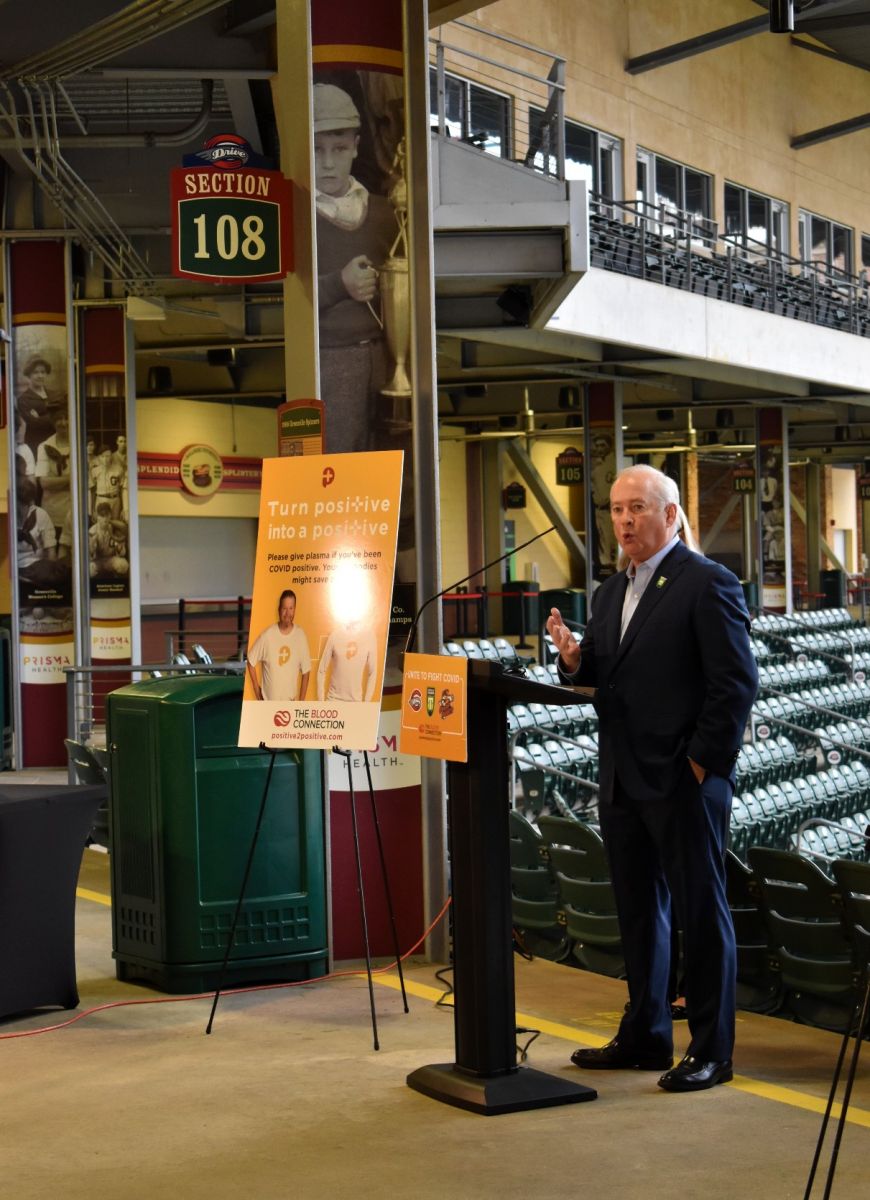 Joe Erwin, chairman and principal owner of the Greenville Triumph, encourages donors to come to Fluor Field Friday for a blood and plasma drive. (Photo/Molly Hulsey) 
