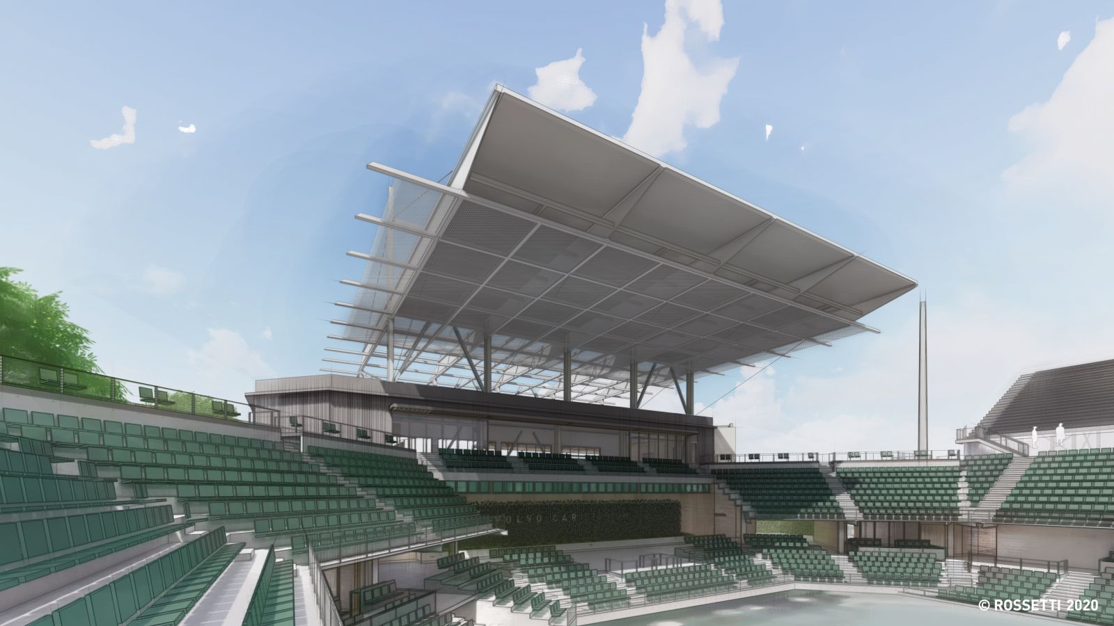 Architectural renderings show plans to renovate Volvo Car Stadium and include a permanent canopy that will offer covering for tennis tournament and event spectators surrounding the facility. (Rendering/Charleston Tennis LLC)