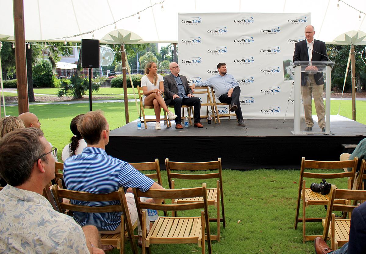 Steve Simon, CEO of the Women‰ŰŞs Tennis Association, takes the podium at a news conference Wednesday announcing Credit One Bank as the new title sponsor of the WTA 500 tennis tournament and the stadium on Daniel Island. Others in attendance include Madison Keys, WTA professional tennis player and 2019 Charleston champion; John Coombe, senior vice president of marketing at Credit One; and Bob Moran, president of Charleston Tennis LLC. (Photo by Alexandria Ng)