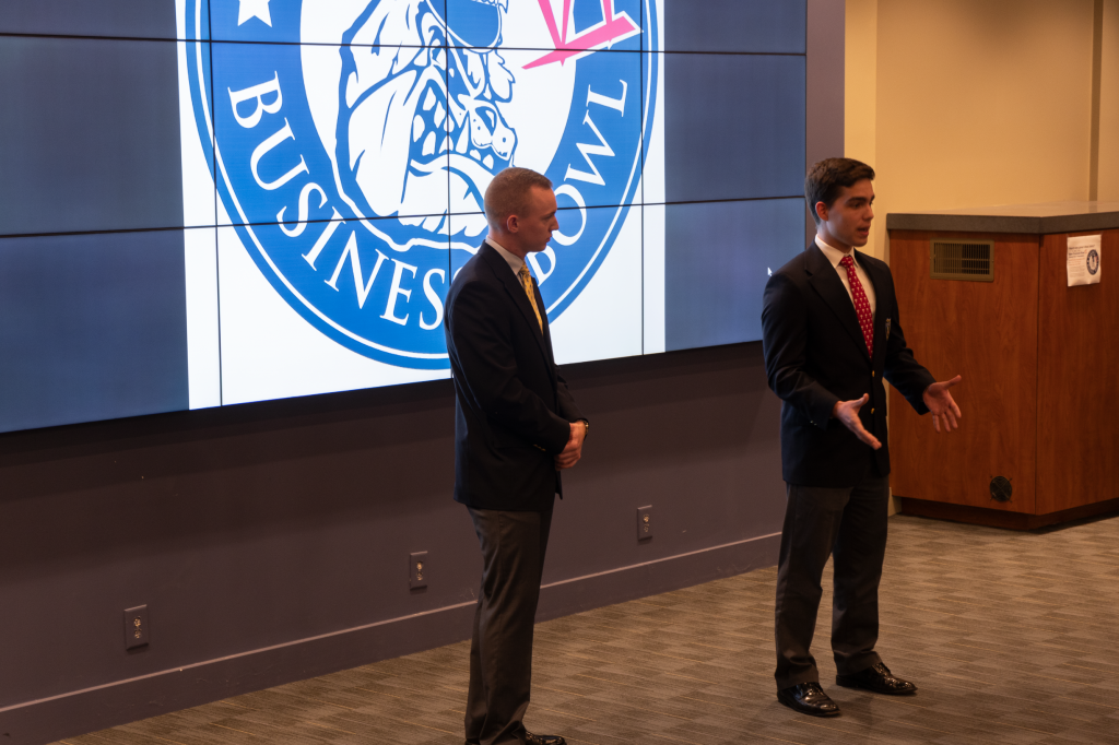 The final winner of the Baker Business Bowl VI in 2019-2020 presents their Wall Dynamic Inspection System presents during the elevator pitch round during the event last year. The final round was held virtually. (Photo/Citadel)