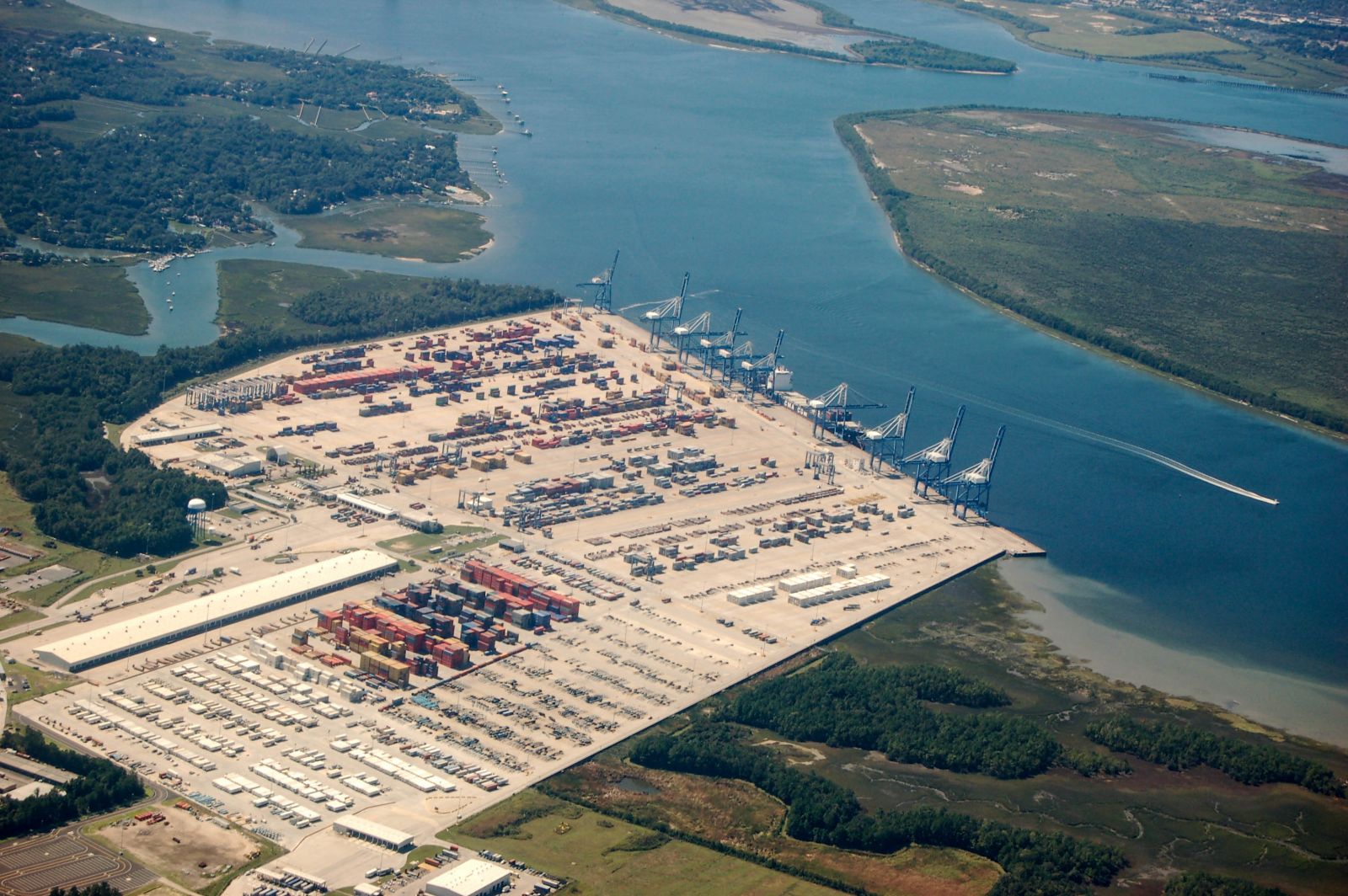 The Wando Welch Terminal is viewed from the air. The S.C. Ports Authority reported a 13% increase in the number of pier containers moved in August compared to last year. (Photo/file)
