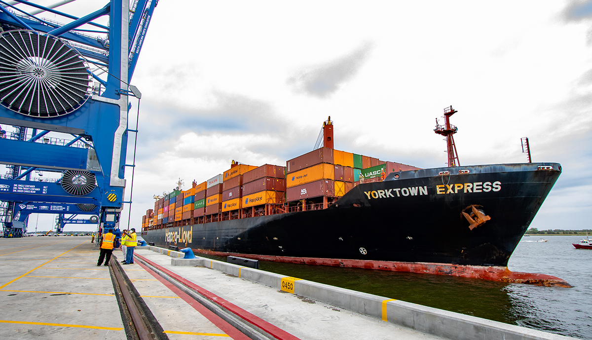 The Yorktown Express docks at the Hugh K. Leatherman Terminal as the first ship to call on the port's newly opened facility on April 9. (Photo/Kim McManus)