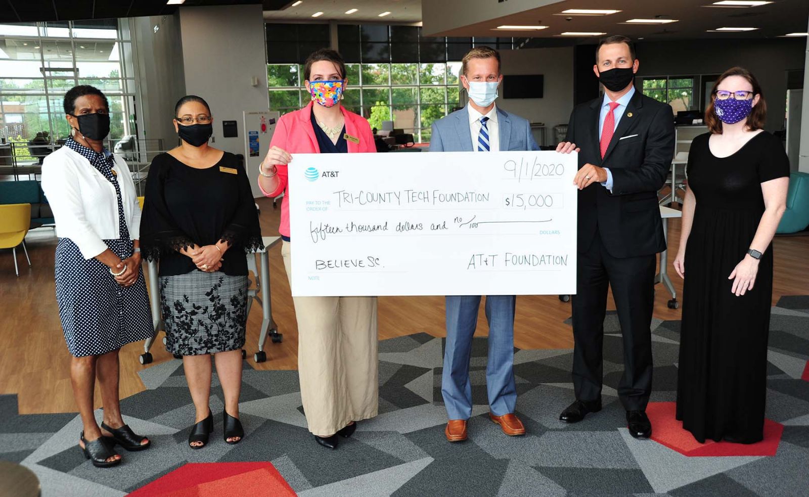 Representatives from Tri-County Technical College pose with the $15,000 check donated from AT&T. (Photo/Provided)