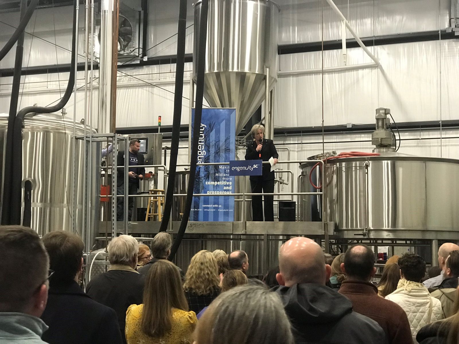 Cayce Mayor Elise Partin addresses attendees of Breweries: Community Catalysts at Steel Hands Brewing. (Photo/EngenuitySC)