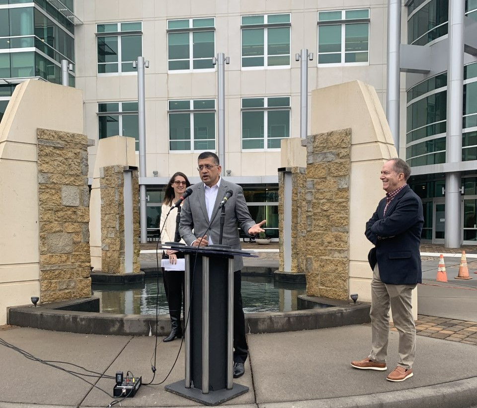Current CEO Manish Bhandari and Greenville Mayor Knox White gave speeches in front of the innovative Current corporate headquarters in Greenville. (Photo/Krys Merryman)