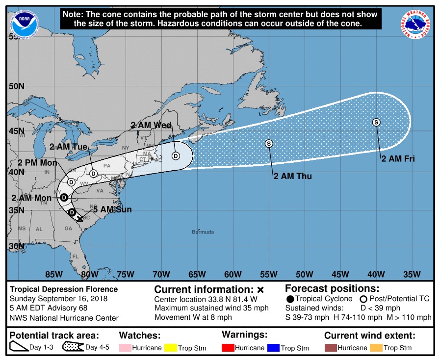 Florence was a tropical depression as of 5 a.m. Sunday. (Image/National Hurricane Center)
