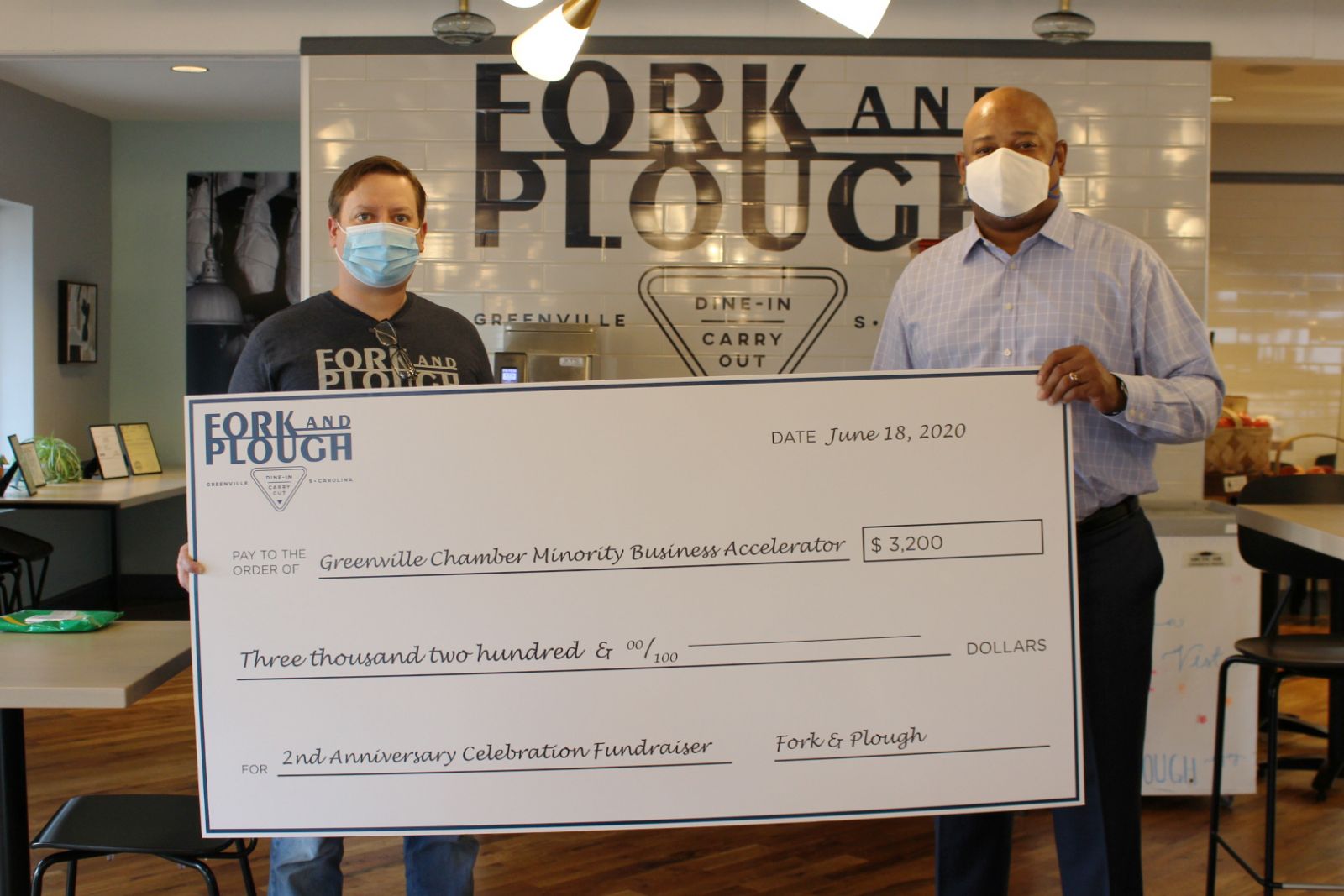Fork and Plough celebrated its second anniversary with a donation to the Greenville Chamber's Minority Business Accelerator initiative. (Photo/Provided)
