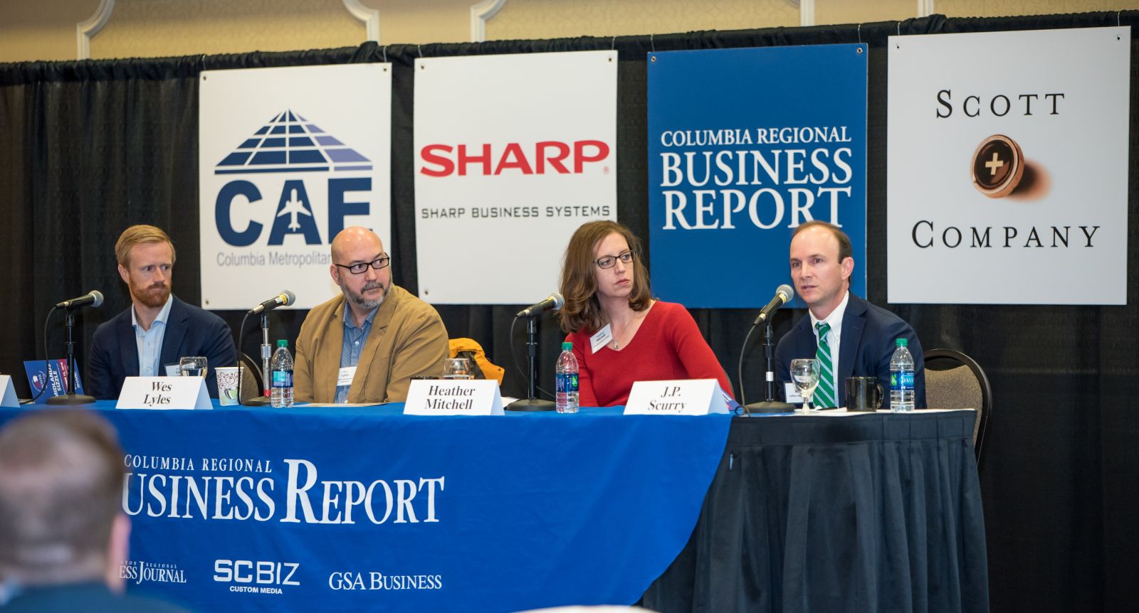 Power Breakfast panelists (left to right) Frank Cason, Wes Lyles, Heather Mitchell and J.P. Scurry discuss area growth opportunities and challenges. (Photo/Kathy Allen)
