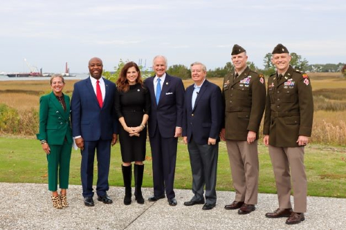 SC Ports CEO Barbara Melvin, U.S. Sen. Tim Scott, Congresswoman Nancy Mace, Gov. Henry McMaster, U.S. Sen. Lindsey Graham, Brig. Gen. Daniel H. Hibner of the U.S. Army Corps of Engineers and Lt. Col. Andrew Johannes of the U.S. Army Corps of Engineers celebrate the Charleston Harbor Deepening Project. (Photo/SCPA/English Purcell)