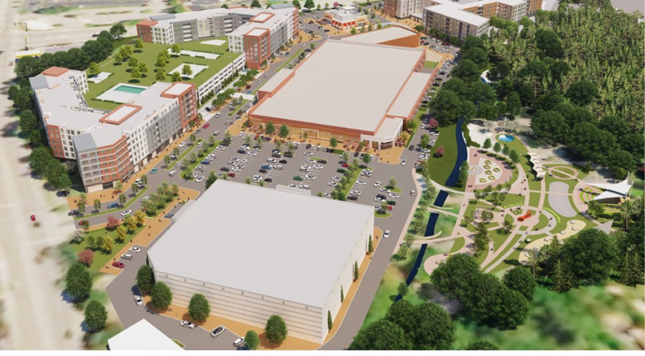 Plans for the redevelopment of Richland Mall by Southeastern Development include retail, a brewery or taproom, green space, apartments and a grocery store. (Rendering/Provided)