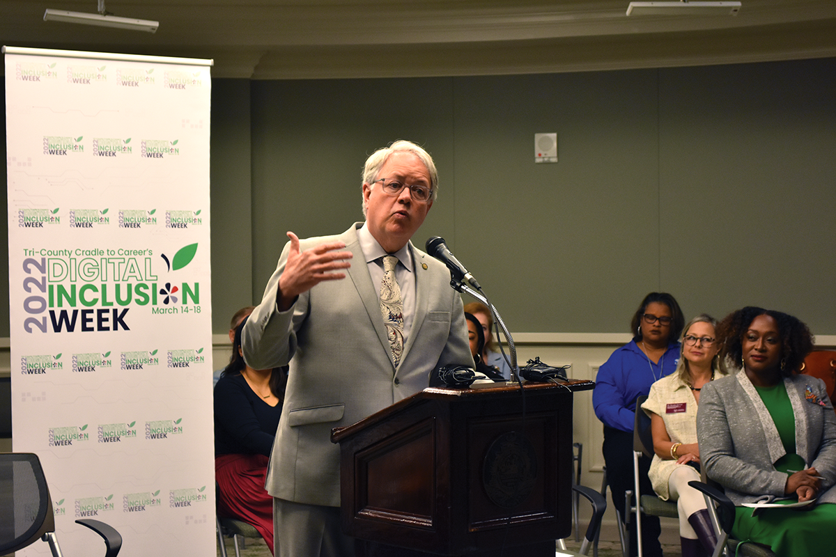 Charleston Mayor John Tecklenburg speaks about a digital equity and inclusion initiative at the city offices in March 11. (Photo/Provided)