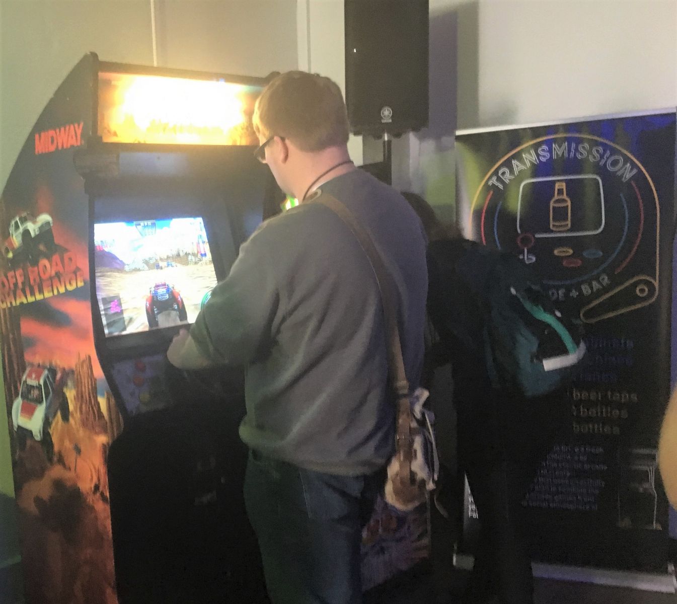A video game enthusiast gives a game a whirl during a pop-up appearance by arcade bar Transmission earlier this year in downtown Columbia. (Photo/Melinda Waldrop)