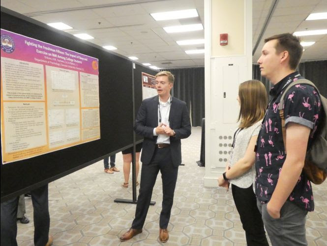 One of Pilcher's students presents research on the relationship between sleep, exercise and body-mass index on college students at the 2019 Association of Psychological Science convention in Washington, D.C. (Photo/Provided)