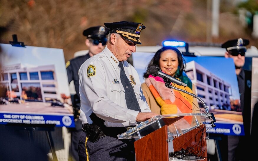 Chief Holbrook addresses how the new Law Enforcement and Judicial Center enhances the City of Columbia Police Department, as City Manager Teresa Wilson looks on. (Photo/Provided)