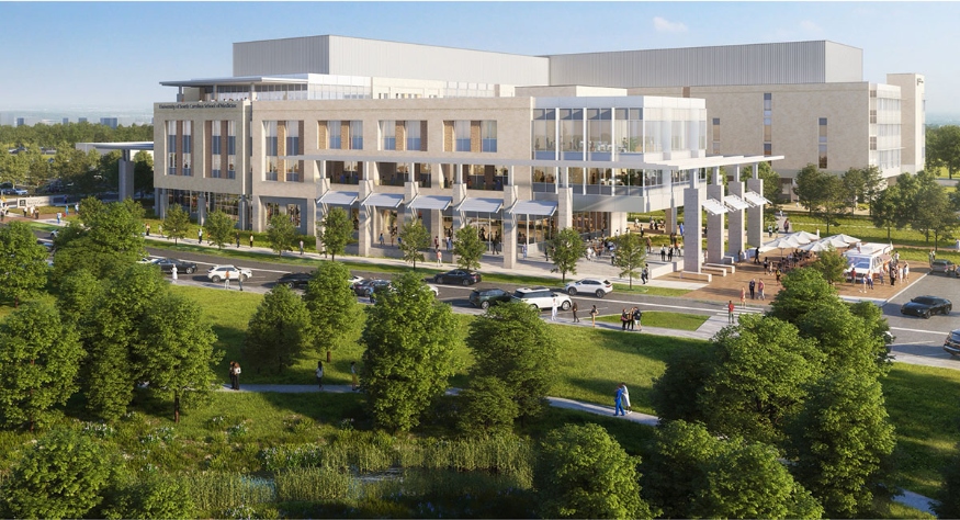 The 300,000-square-foot building will be the heart of the new $300 million campus and will feature innovative active-learning classrooms, extensive medical simulation spaces, a health science library, numerous labs for interdisciplinary research and a café. (Rendering/Provided)