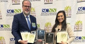 Andrew Sprague, managing editor for production, and Krys Merryman, staff writer, at the conclusion of the South Carolina Press Association's annual awards banquet.